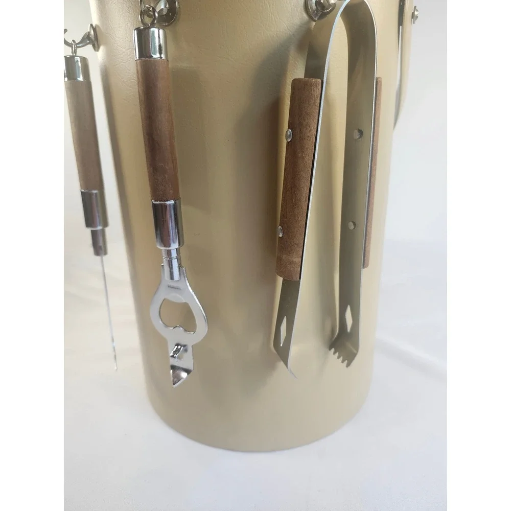 Vintage Mid Century Modern Ice Bucket Tan Vinyl Wood Handle Bar Tools Set MCM